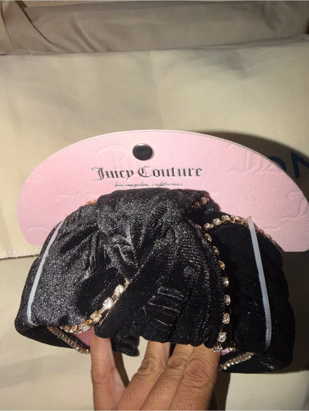 Juicy Couture Black Satin Knotted Headband with Gold Rhinestone Trim